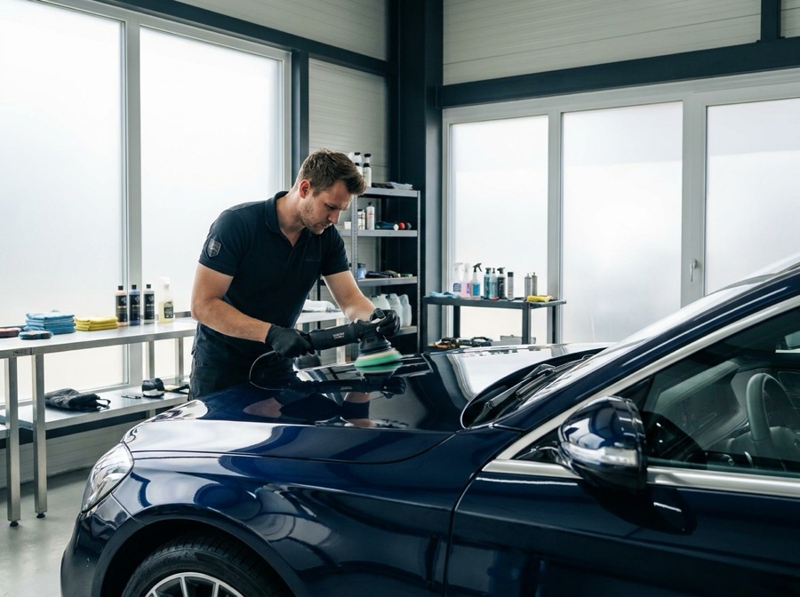 An auto detailer polishing a car in a detailing bay