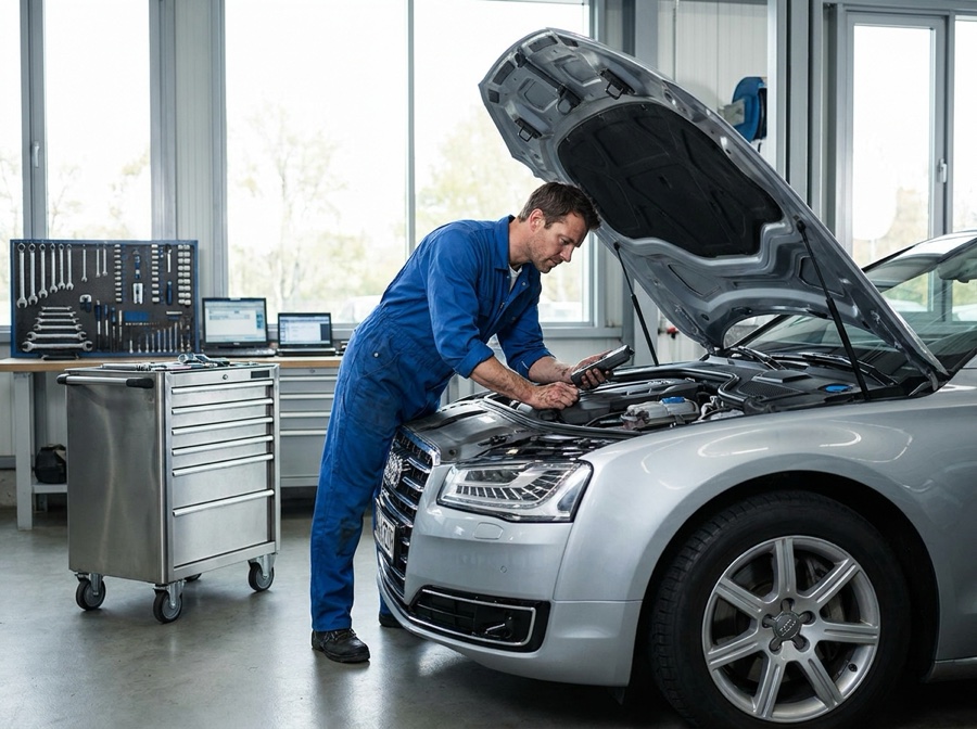 An auto mechanic working under a car hood in a clean shop
