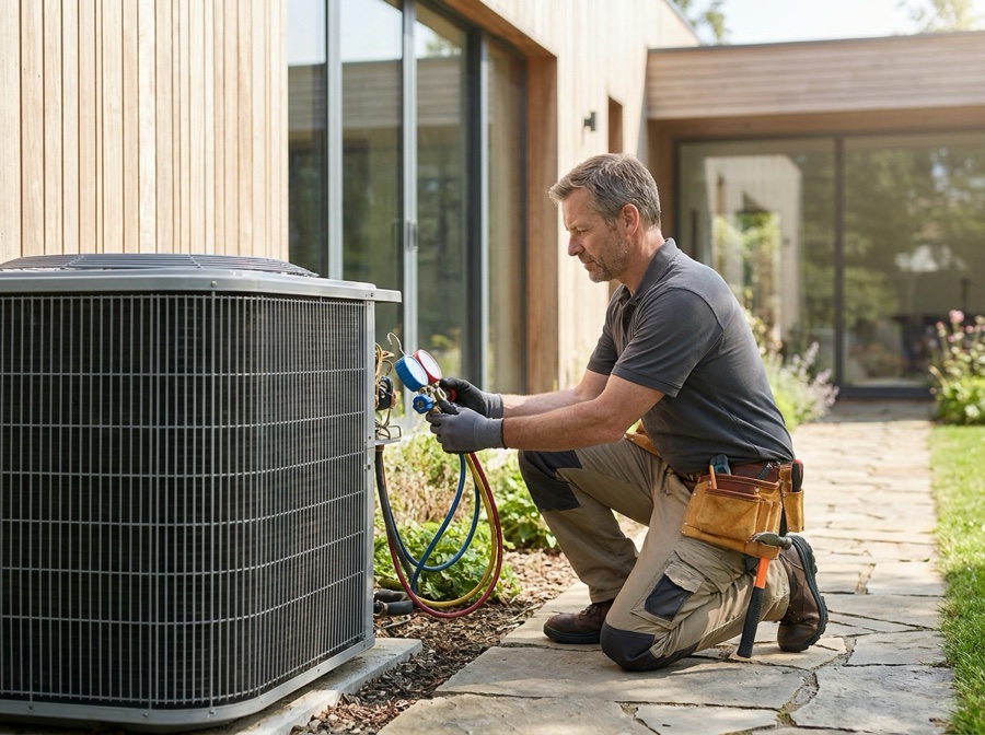 An HVAC technician servicing an outdoor condenser unit