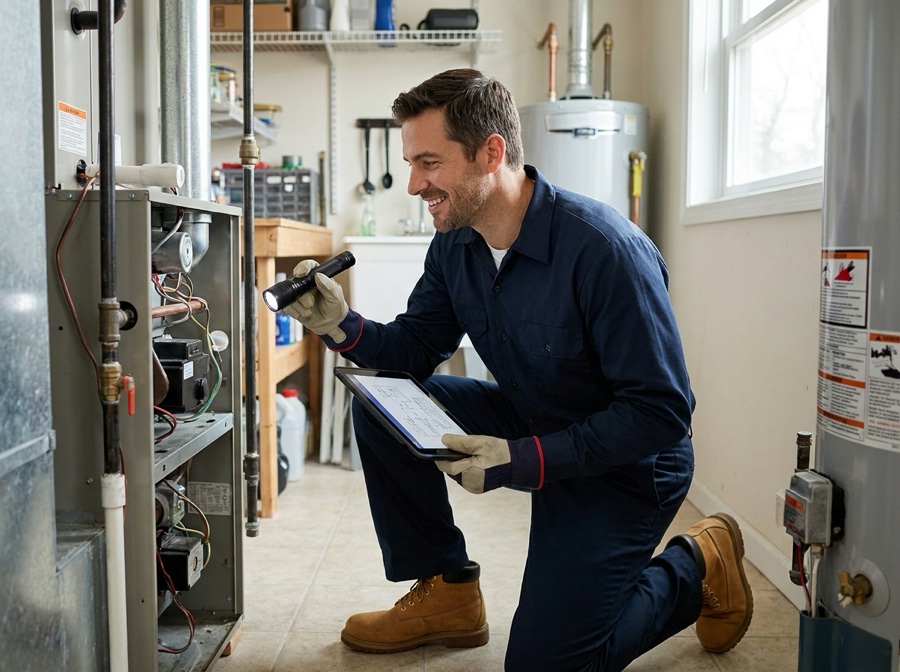 An HVAC technician inspecting a home furnace