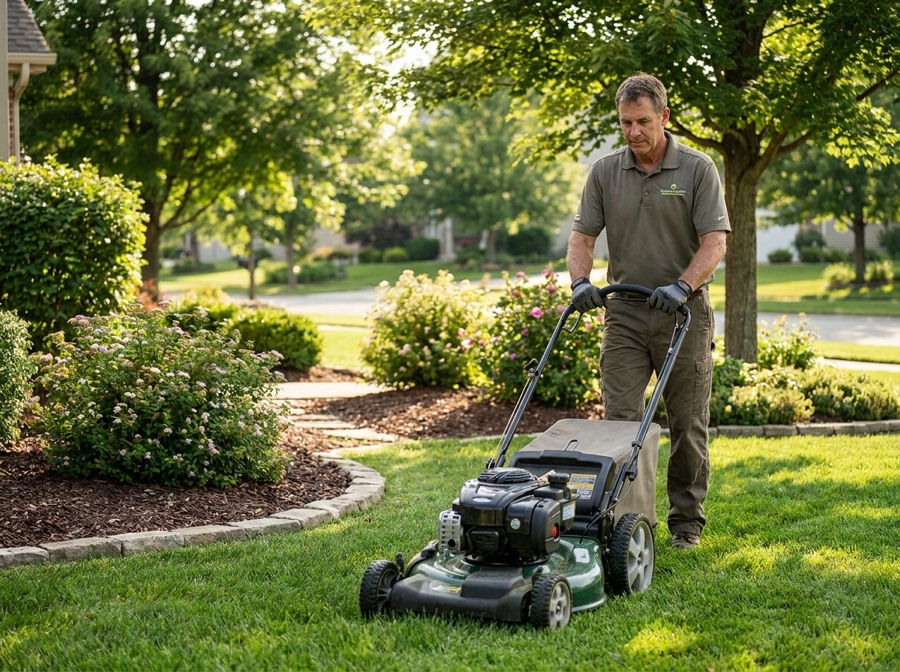A landscaper maintaining a suburban yard