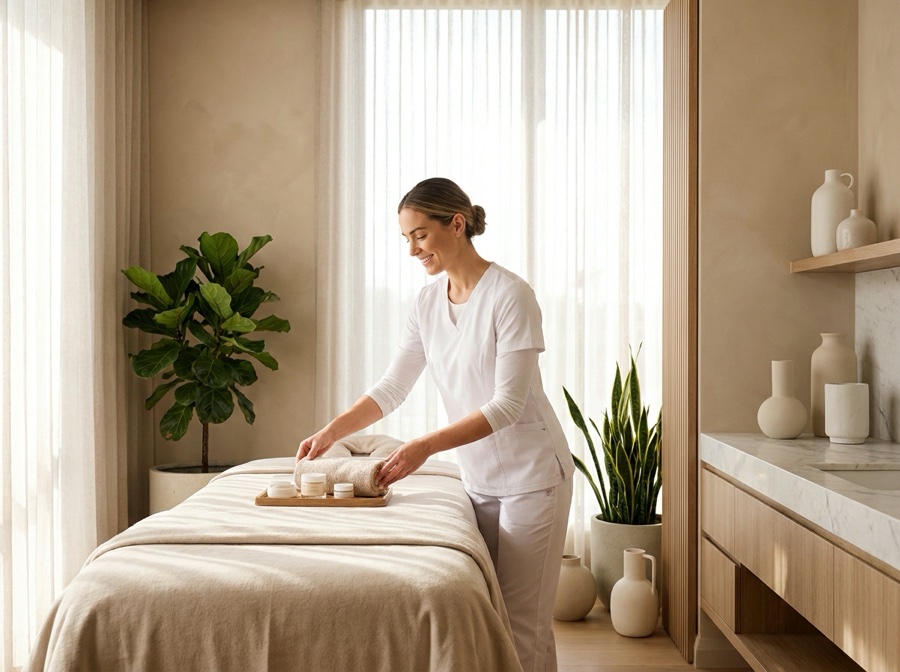 A clean modern med spa treatment room