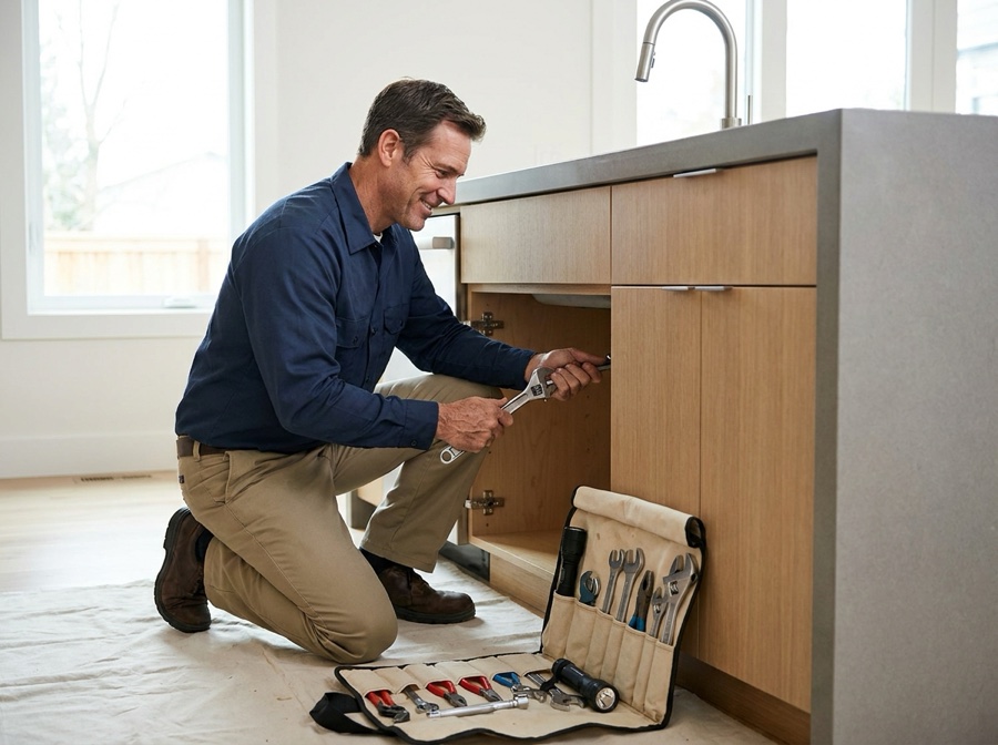 A plumber repairing a kitchen sink