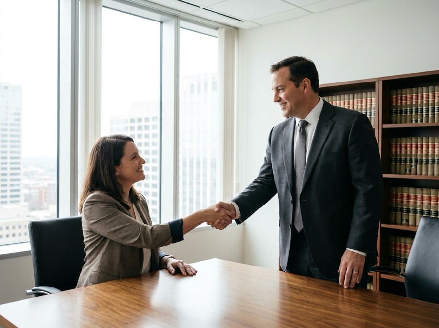 An attorney meeting with a client at a desk