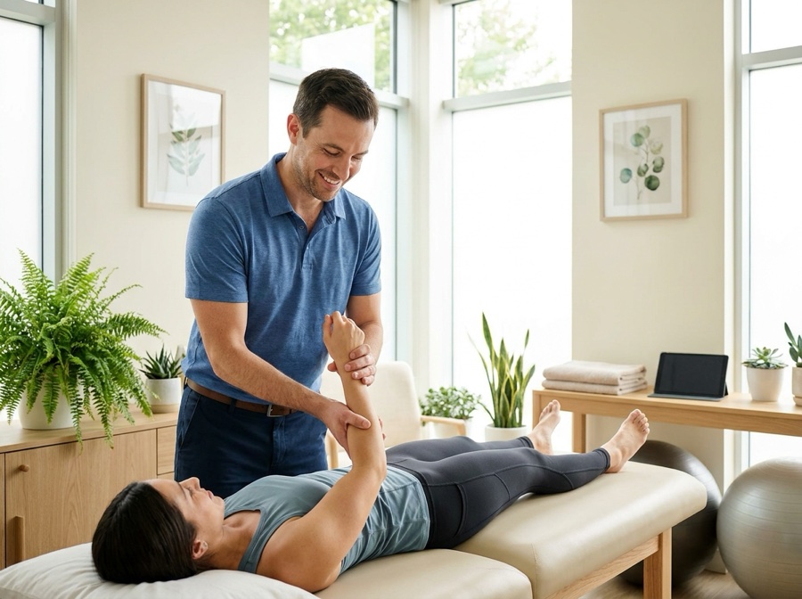A wellness therapist working with a patient on a treatment table