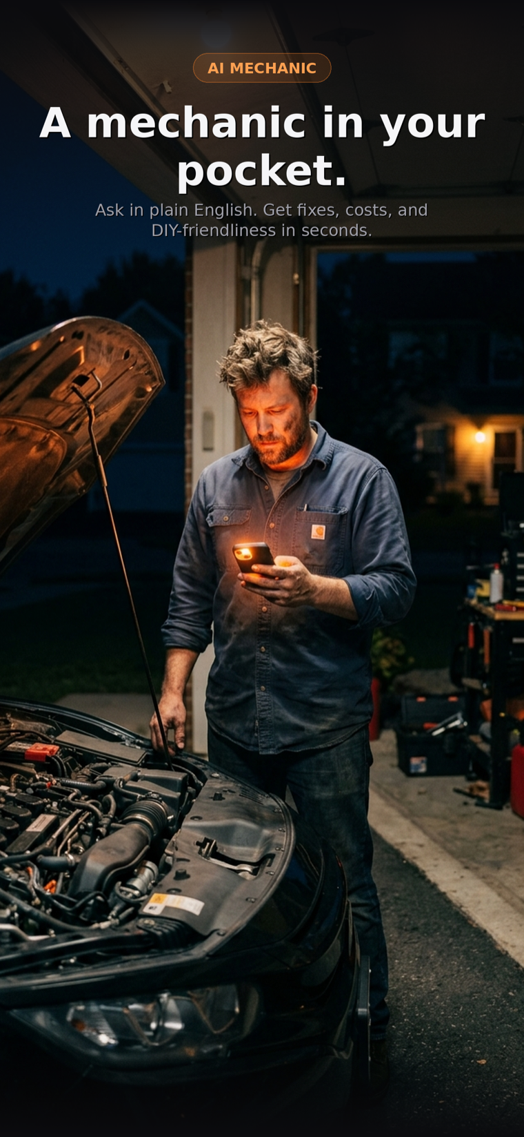 Mechai marketing visual: a person using the app under a car hood at night, headline "A mechanic in your pocket."