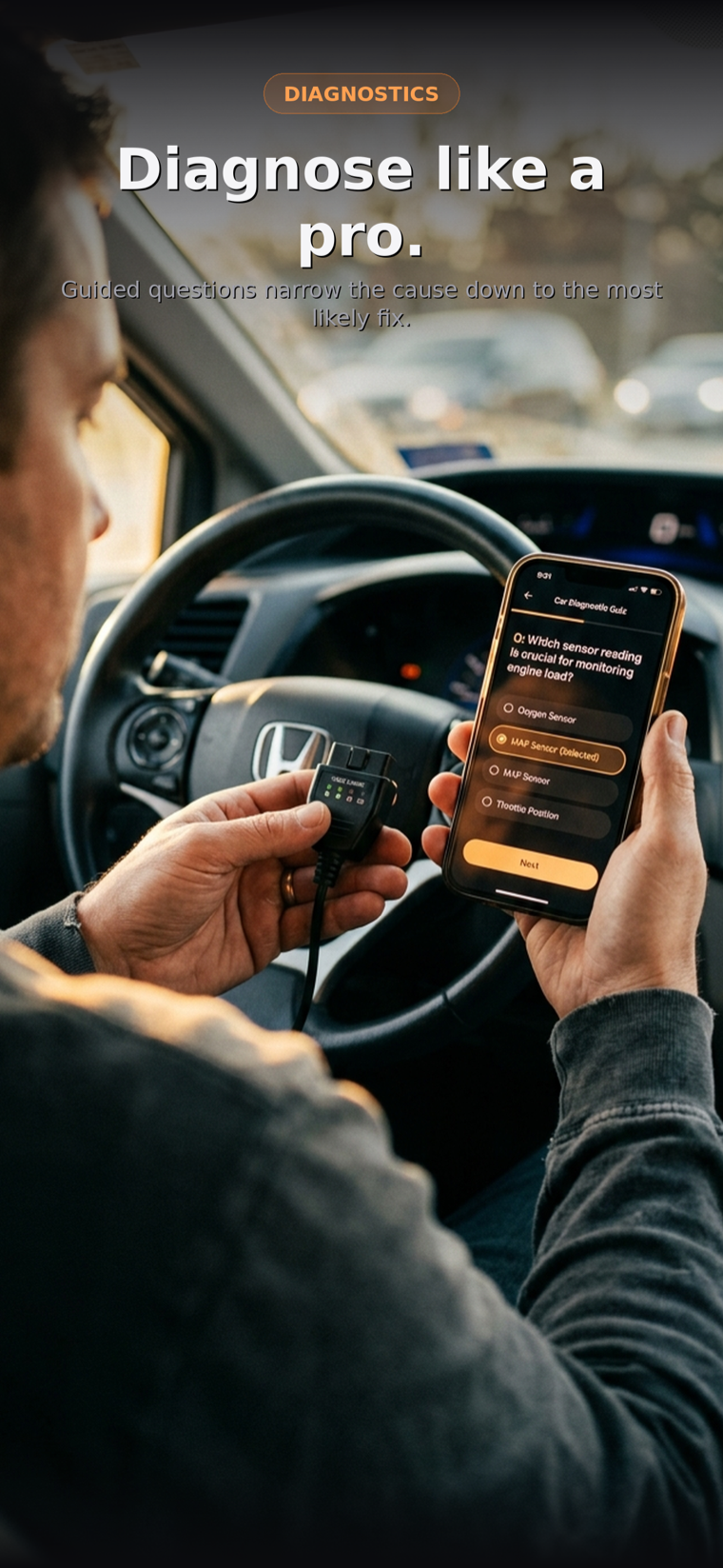 Mechai marketing visual: a driver using an OBD-II scanner with the app, headline "Diagnose like a pro."