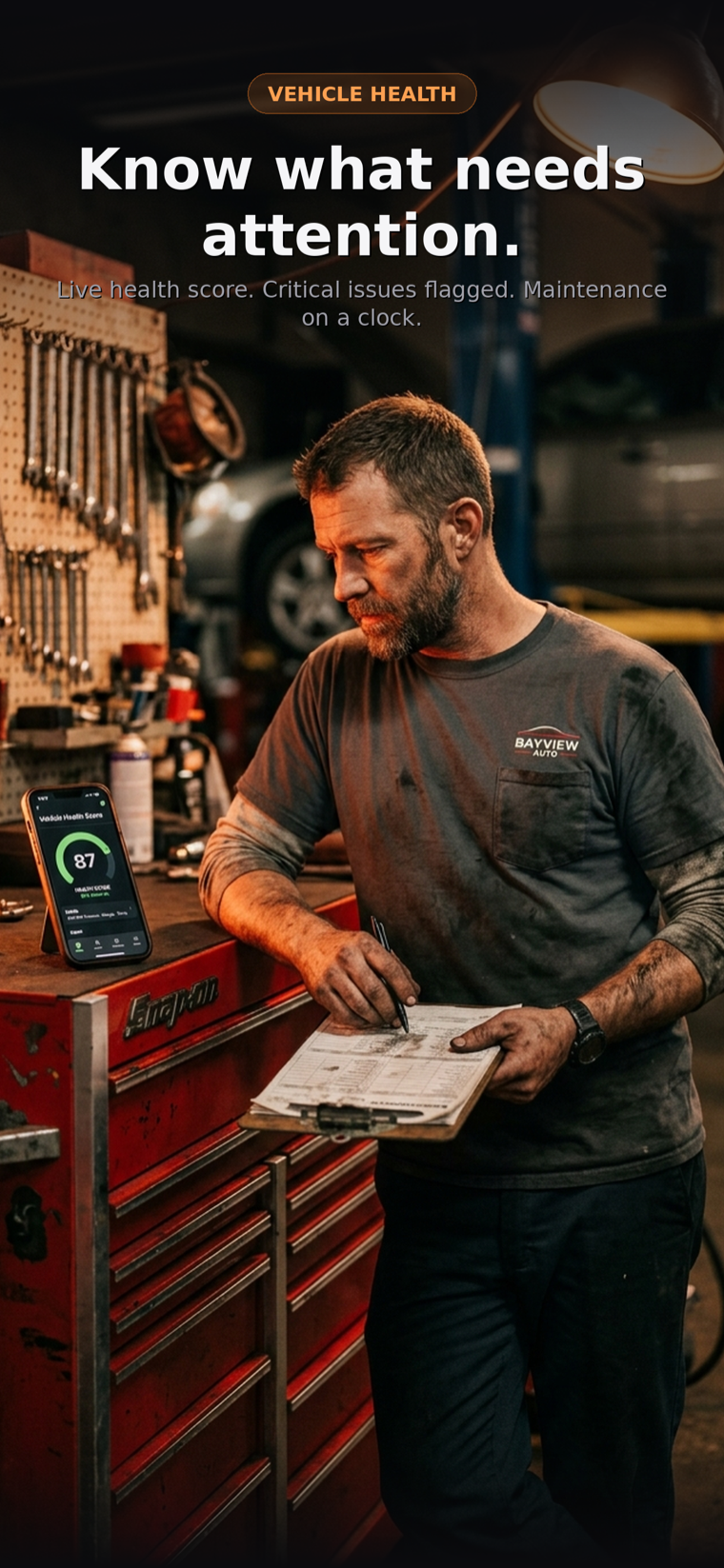 Mechai marketing visual: a mechanic checking a vehicle health score on the app, headline "Know what needs attention."