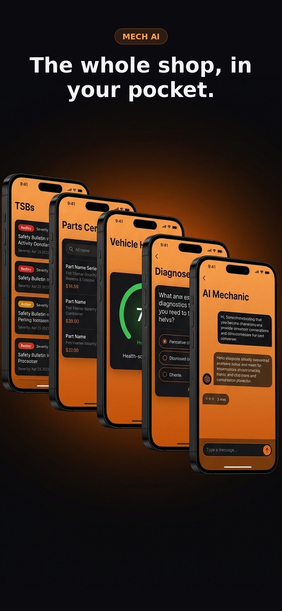 Mechai, a live automotive app WebDevAuto built and runs, shown across five iPhone screens.